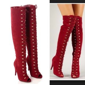 Brand new knee high peep toe suede boots size 10  Dark red